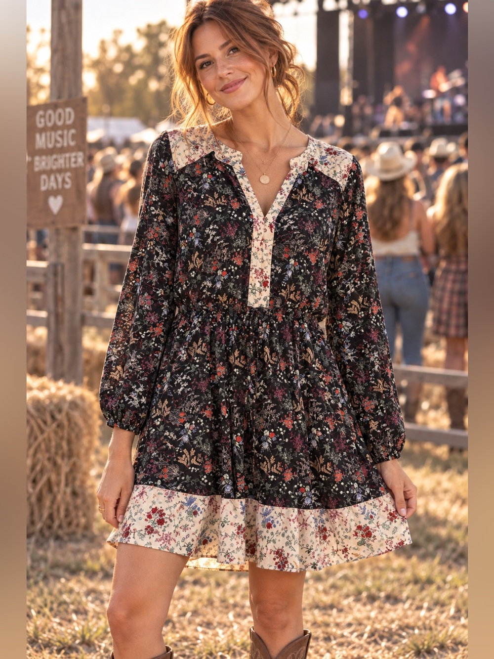 DR2 Sz L Boho Mini Dress Black Cream Ditsy Floral Elastic Tie Waist Cottagecore